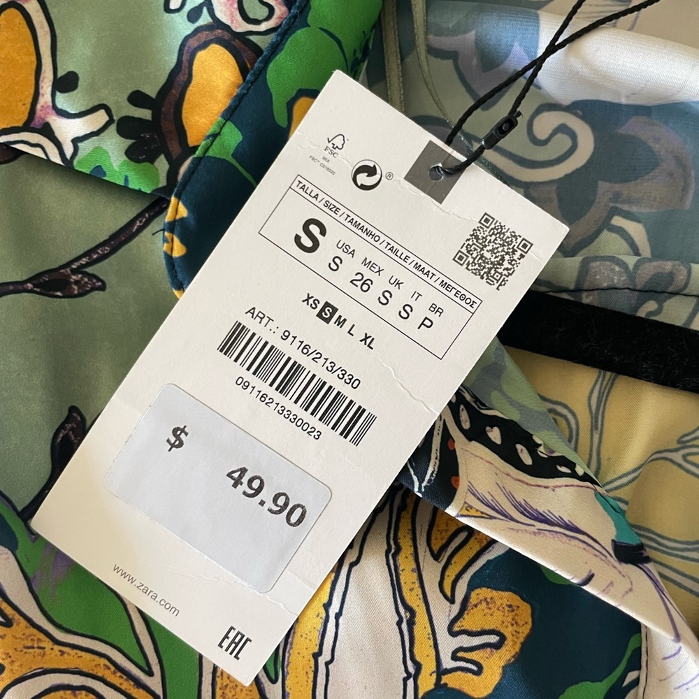 Zara Green Paisley Printed Patchwork Mini Dress Silk Tie Waist Small NWT - Picture 6 of 6